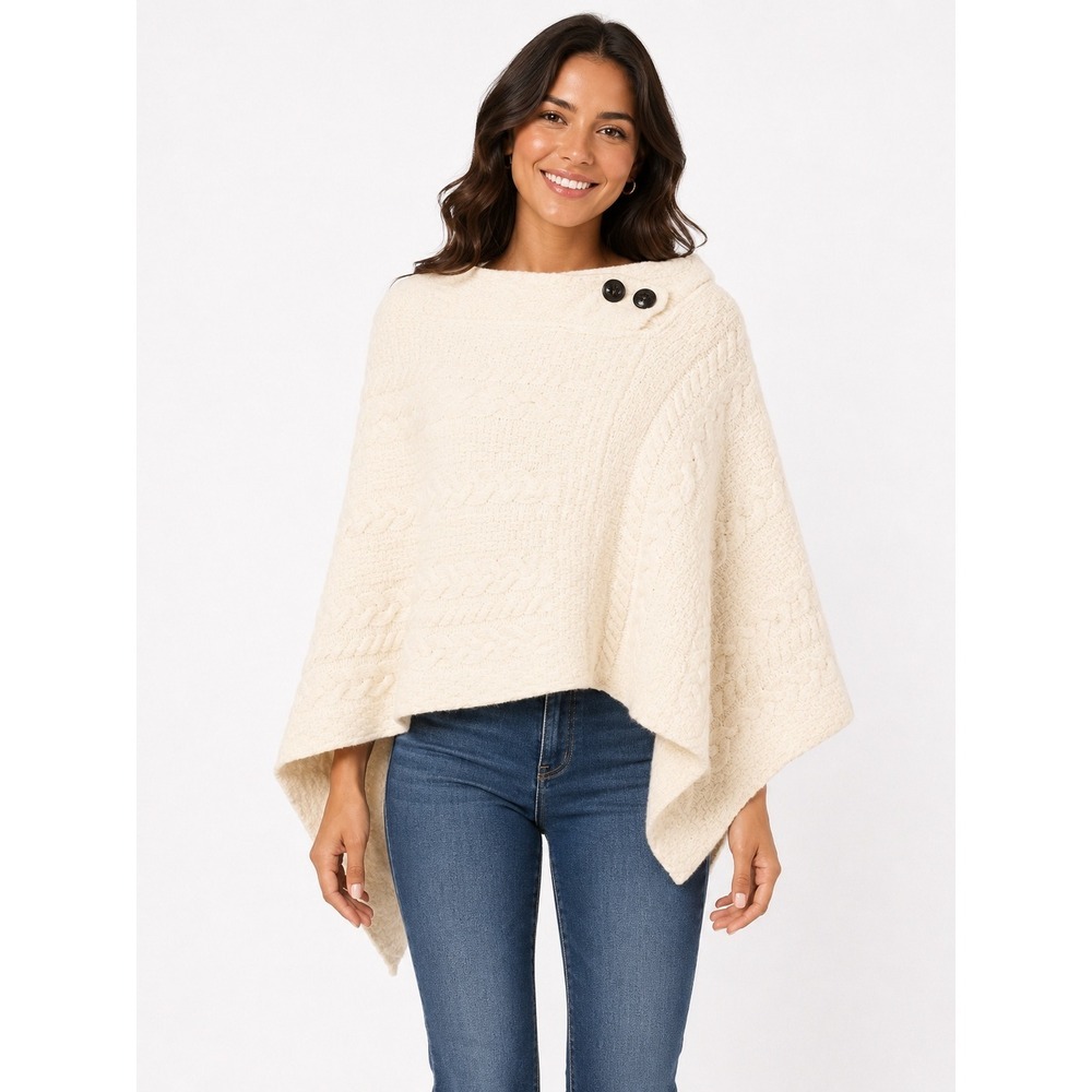Aran Sweater Market Irish Merino Wool Poncho Cape Cream Cable Knit OS